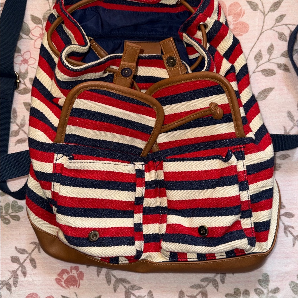 Charming Charlie Cream, Red &Blue Striped Canvas & Brown Faux Leather Backpack - Picture 4 of 8